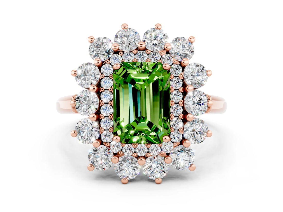 Rose gold Emerald Cut Halo Cluster Diamond Ring with Pave Band and Four-Prong Setting_12