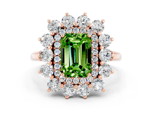 Rose gold Emerald Cut Peridot Floral Double Halo Engagement Ring with Prong Setting