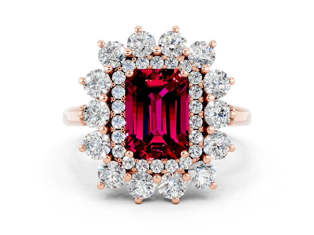 Rose gold Emerald Cut Halo Cluster Diamond Ring with Pave Band and Four-Prong Setting_12
