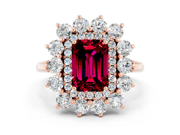 Rose gold Emerald Cut Garnet Floral Double Halo Engagement Ring with Prong Setting