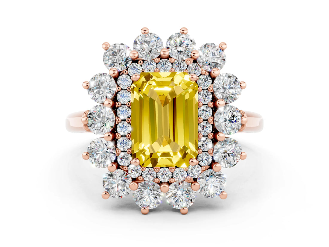 Rose gold Emerald Cut Halo Cluster Diamond Ring with Pave Band and Four-Prong Setting_12