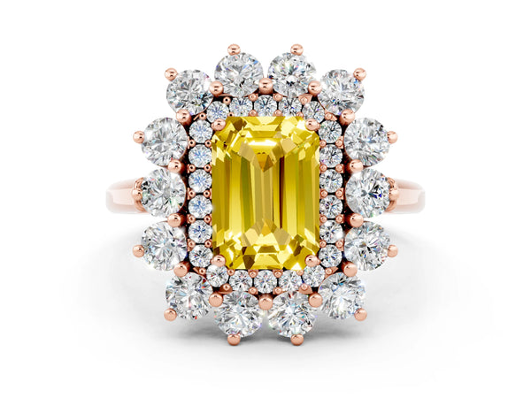 Rose gold Emerald Cut Yellow Sapphire Floral Double Halo Engagement Ring with Prong Setting