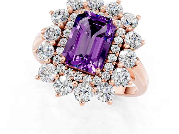 Rose gold Emerald Cut Amethyst Floral Double Halo Engagement Ring with Prong Setting