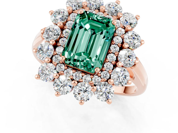 Rose gold Emerald Cut Green Sapphire Floral Double Halo Engagement Ring with Prong Setting