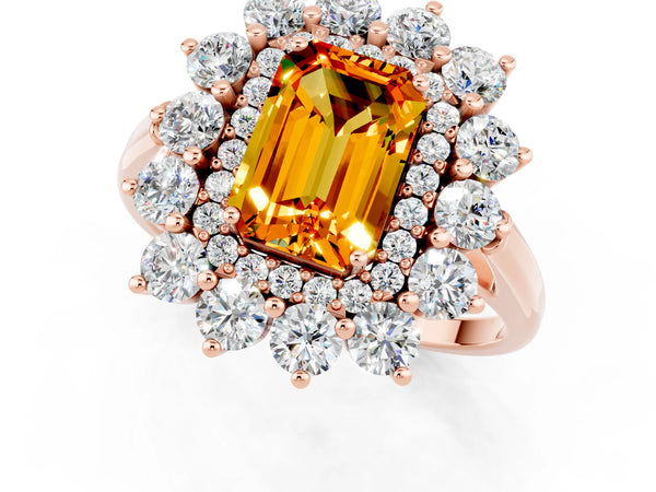 Rose gold Emerald Cut Citrine Floral Double Halo Engagement Ring with Prong Setting