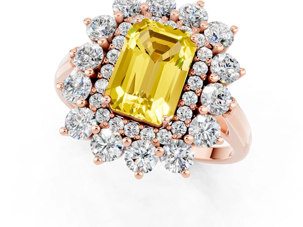 Rose gold Emerald Cut Yellow Sapphire Floral Double Halo Engagement Ring with Prong Setting