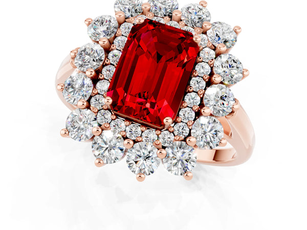 Rose gold Emerald Cut Ruby Floral Double Halo Engagement Ring with Prong Setting