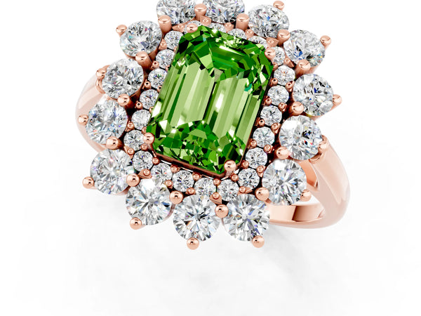 Rose gold Emerald Cut Peridot Floral Double Halo Engagement Ring with Prong Setting
