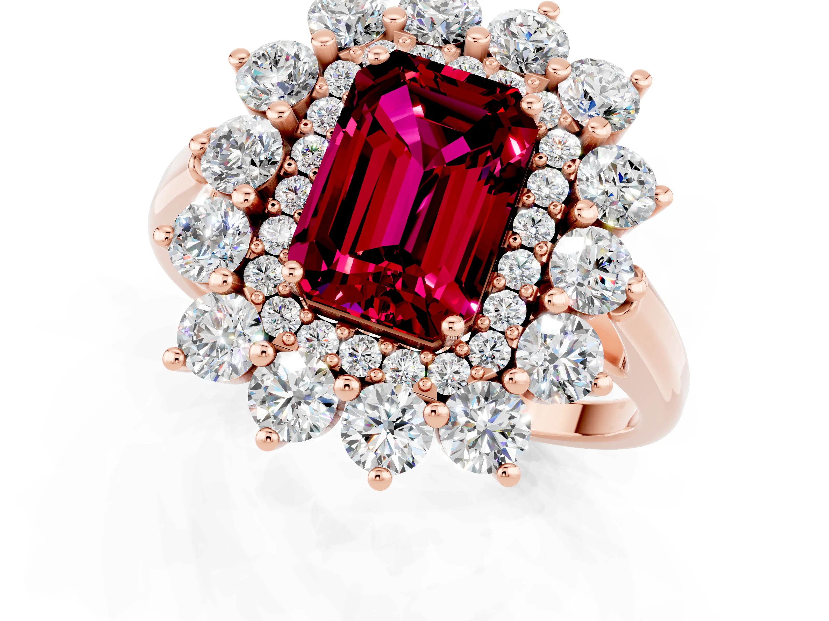 Rose gold Emerald Cut Halo Cluster Diamond Ring with Pave Band and Four-Prong Setting_13