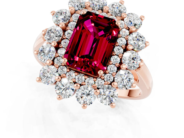 Rose gold Emerald Cut Garnet Floral Double Halo Engagement Ring with Prong Setting