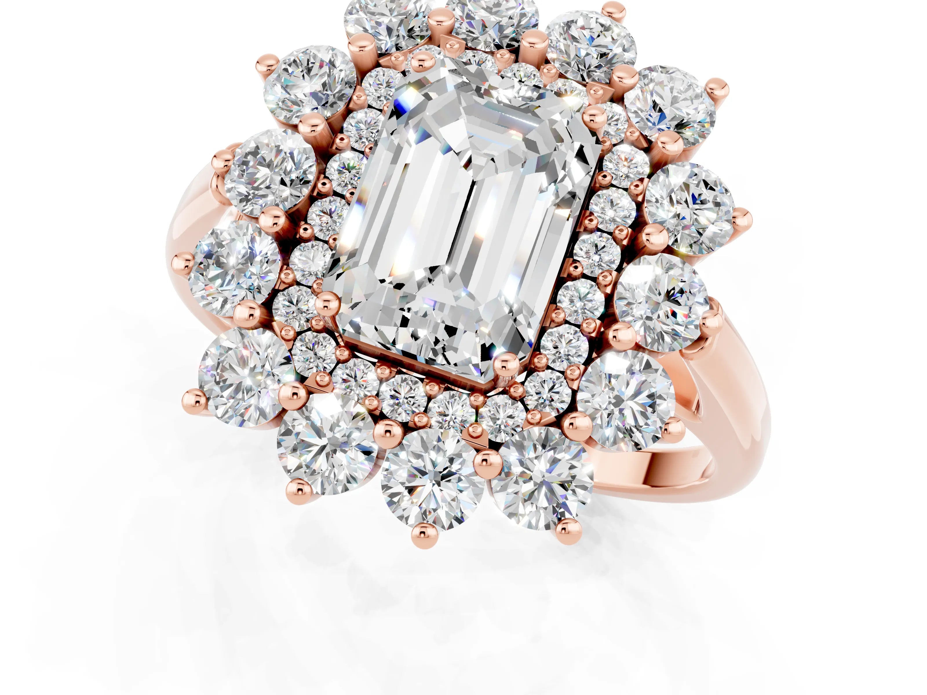 Rose gold Emerald Cut Halo Cluster Diamond Ring with Pave Band and Four-Prong Setting_13