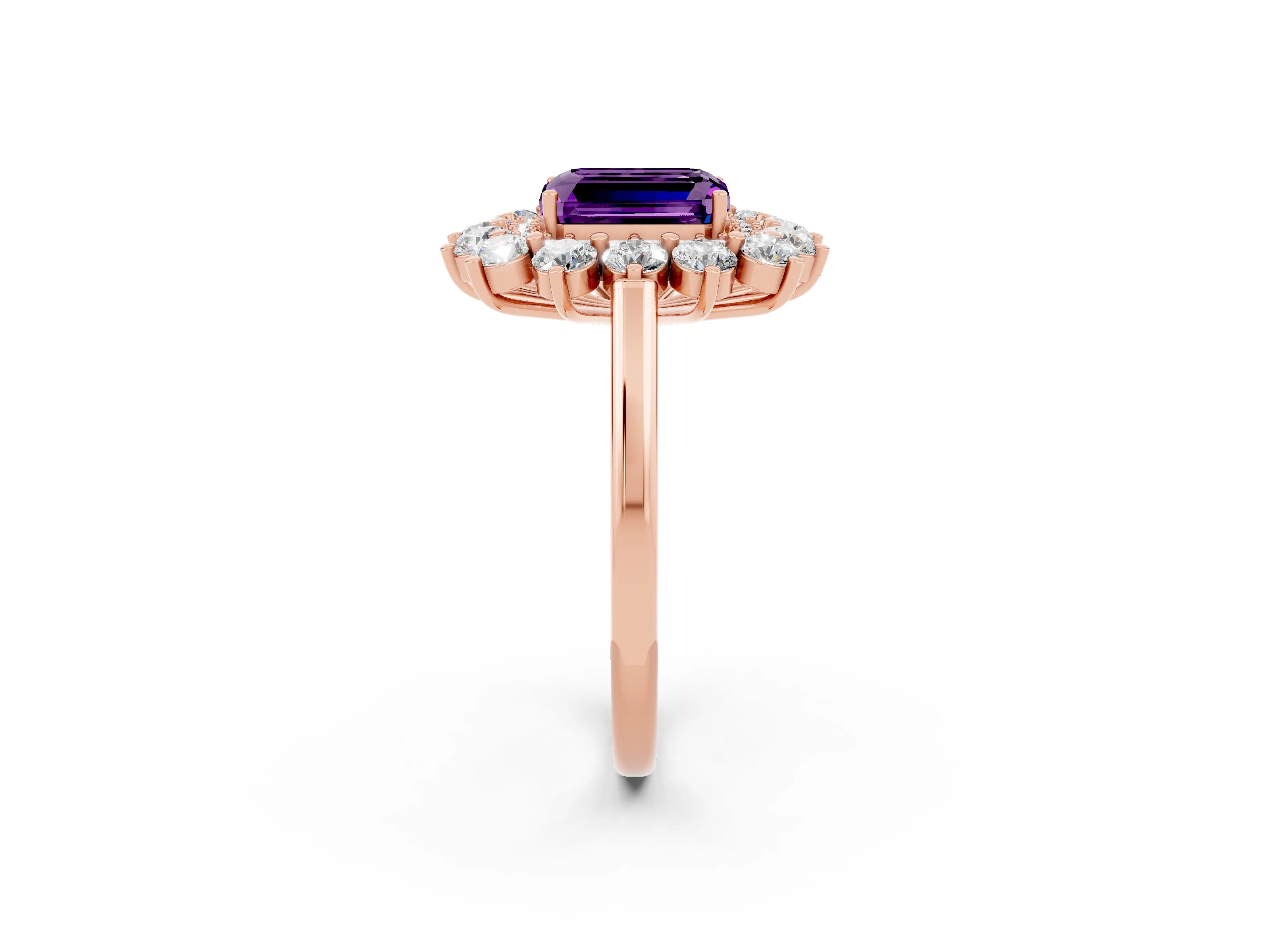 Rose gold Emerald Cut Halo Cluster Diamond Ring with Pave Band and Four-Prong Setting_14