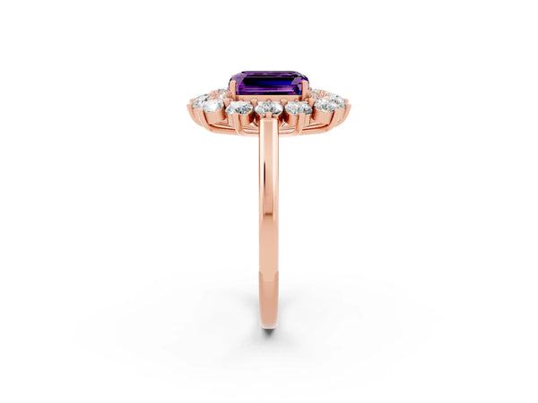 Rose gold Emerald Cut Amethyst Floral Double Halo Engagement Ring with Prong Setting