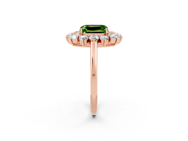 Rose gold Emerald Cut Peridot Floral Double Halo Engagement Ring with Prong Setting