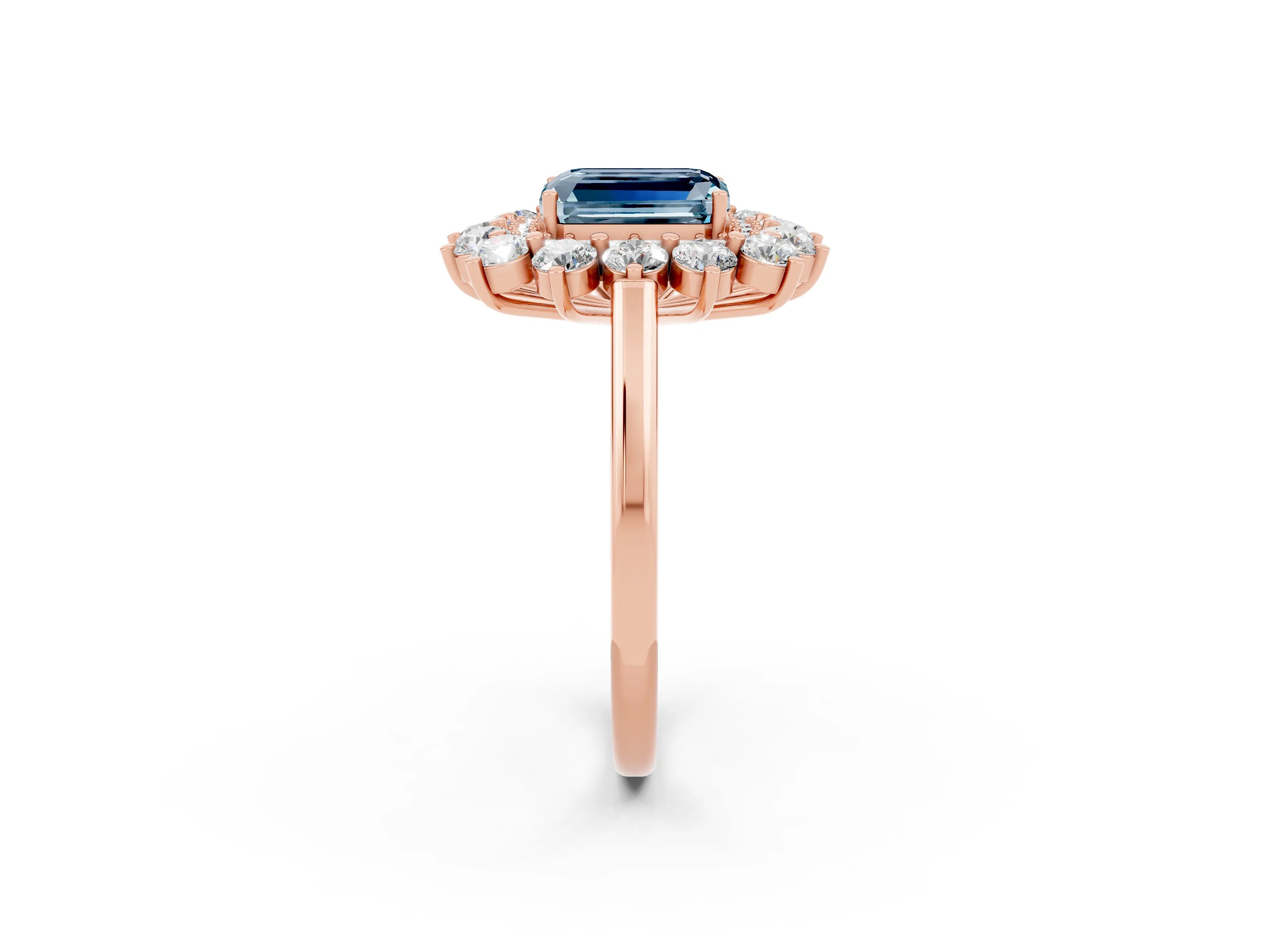 Rose gold Emerald Cut Halo Cluster Diamond Ring with Pave Band and Four-Prong Setting_14