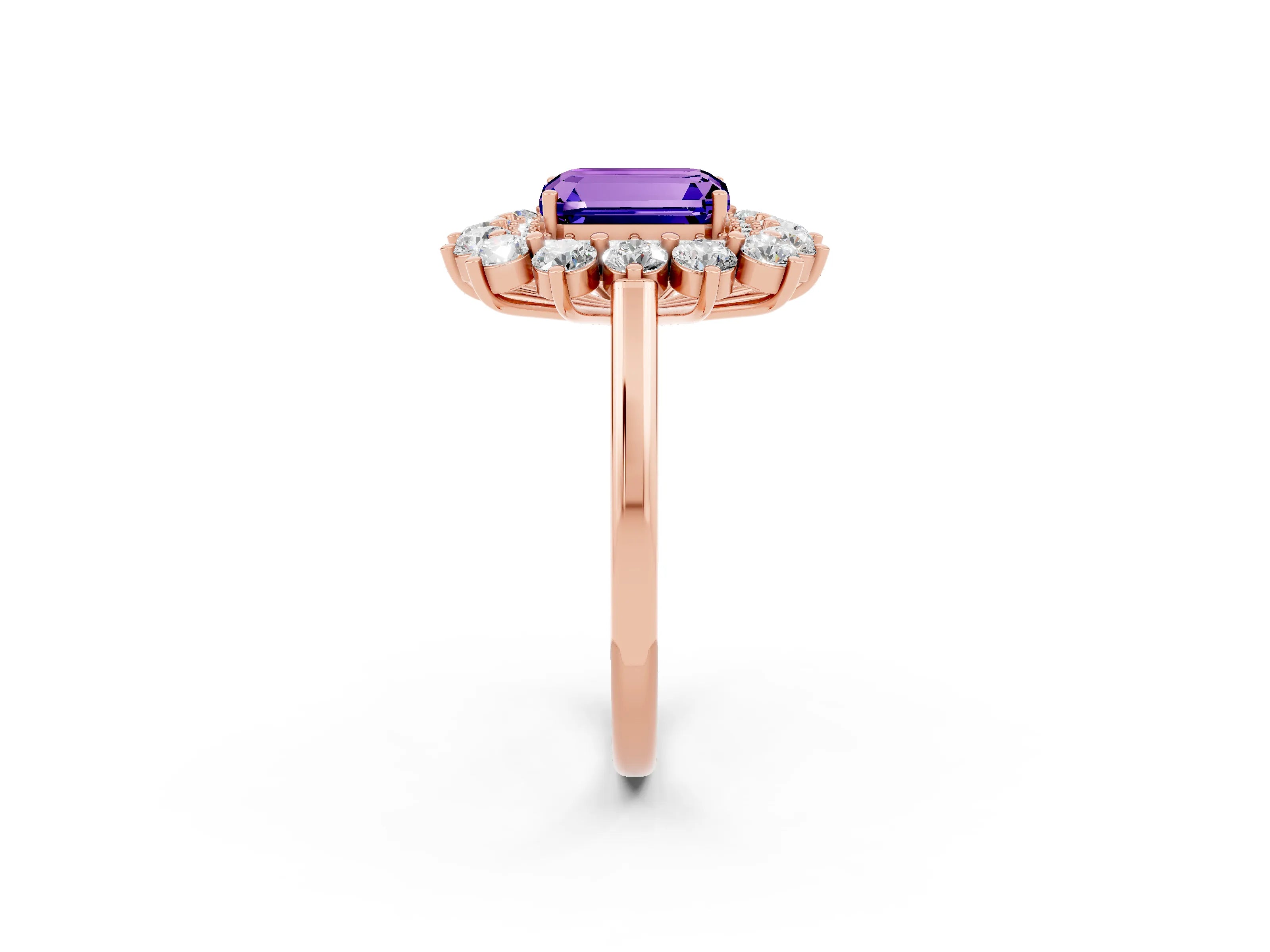 Rose gold Emerald Cut Halo Cluster Diamond Ring with Pave Band and Four-Prong Setting_14