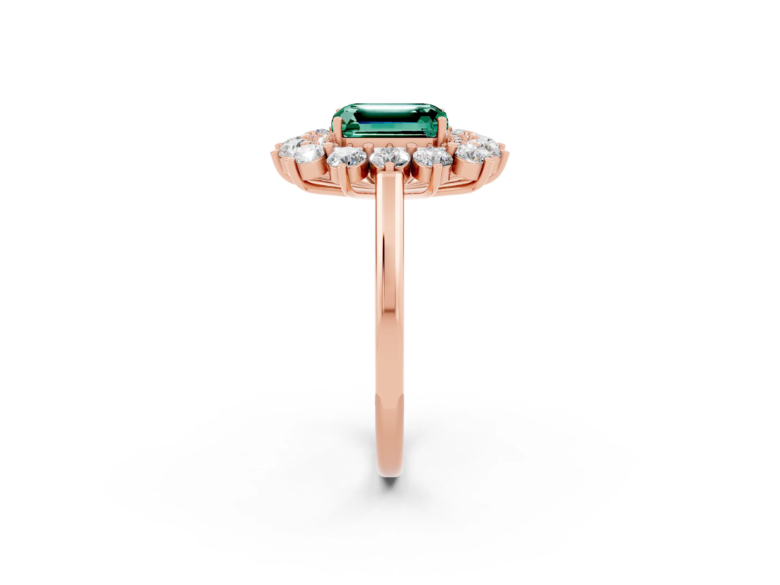 Rose gold Emerald Cut Halo Cluster Diamond Ring with Pave Band and Four-Prong Setting_14