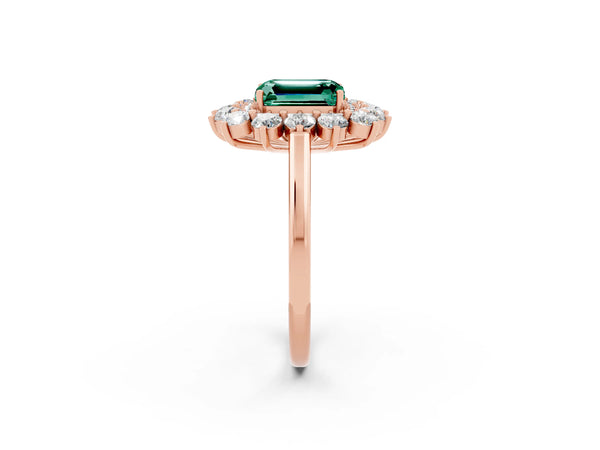 Rose gold Emerald Cut Green Sapphire Floral Double Halo Engagement Ring with Prong Setting