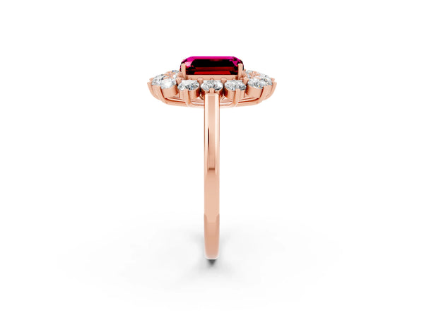 Rose gold Emerald Cut Garnet Floral Double Halo Engagement Ring with Prong Setting