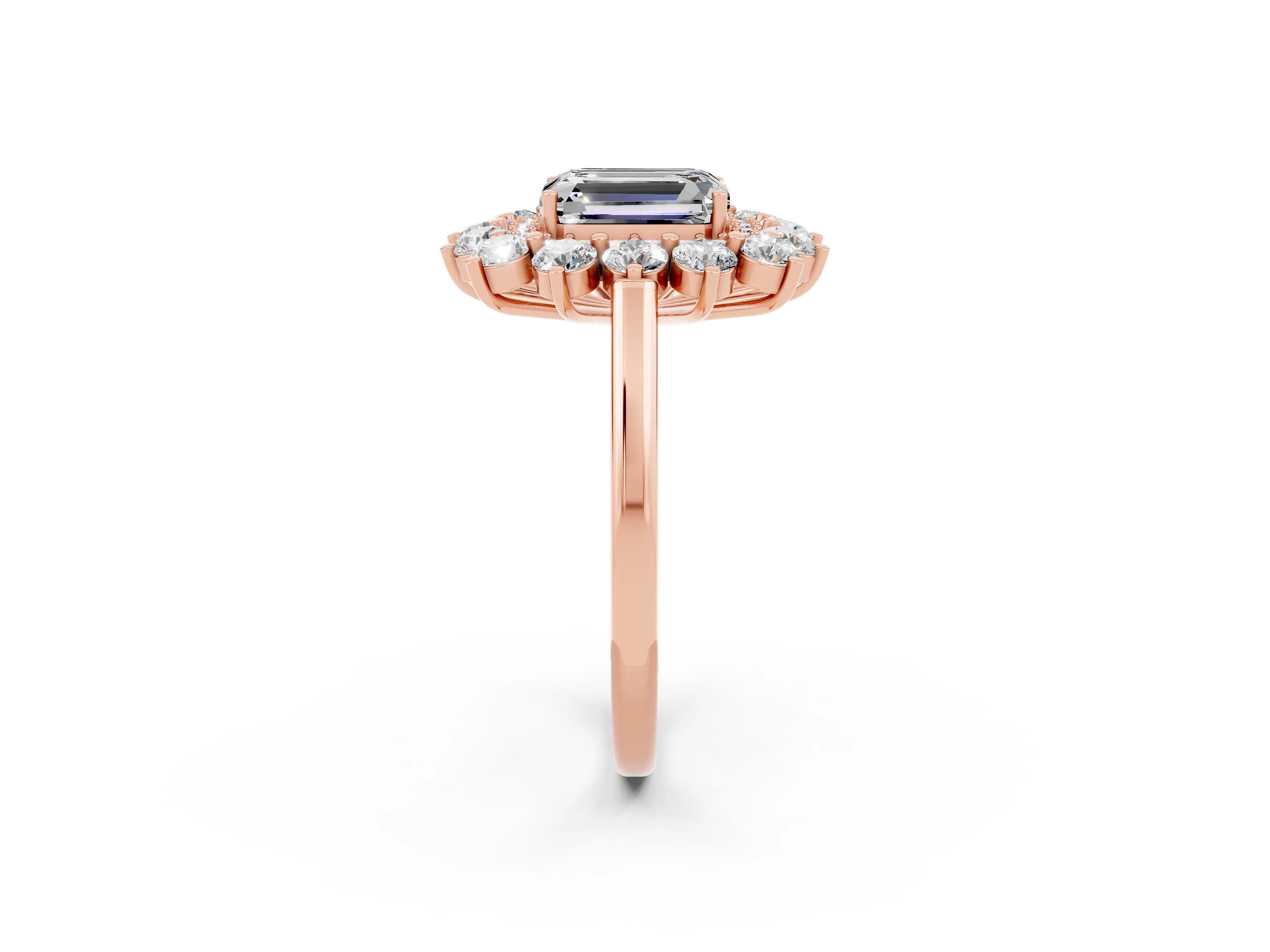 Rose gold Emerald Cut Halo Cluster Diamond Ring with Pave Band and Four-Prong Setting_14