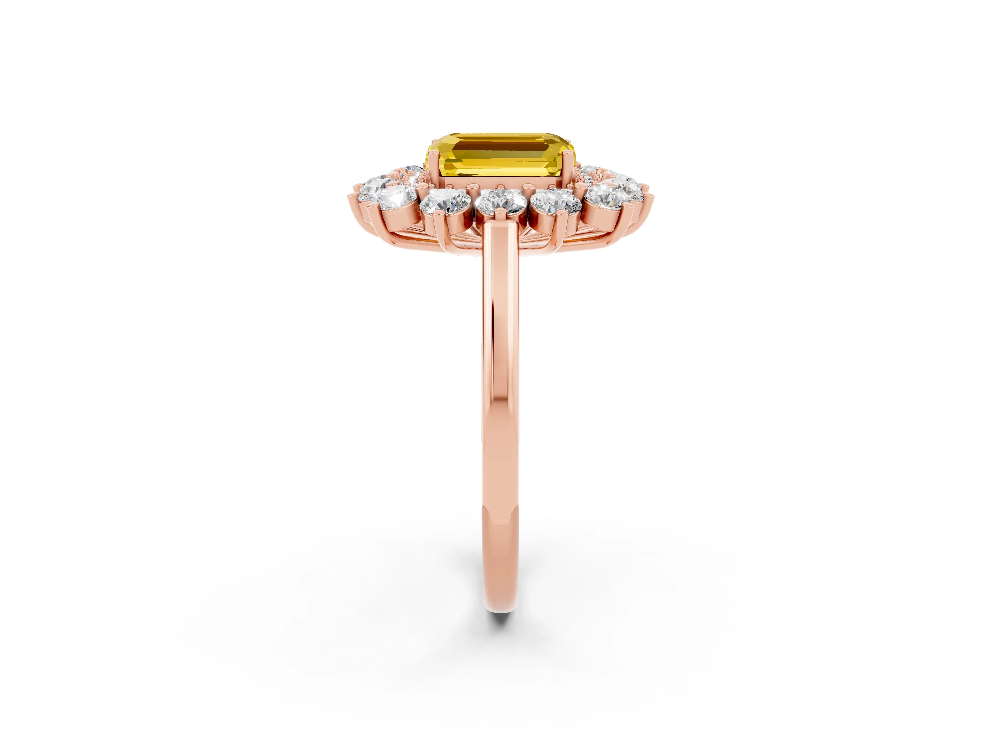 Rose gold Emerald Cut Halo Cluster Diamond Ring with Pave Band and Four-Prong Setting_14