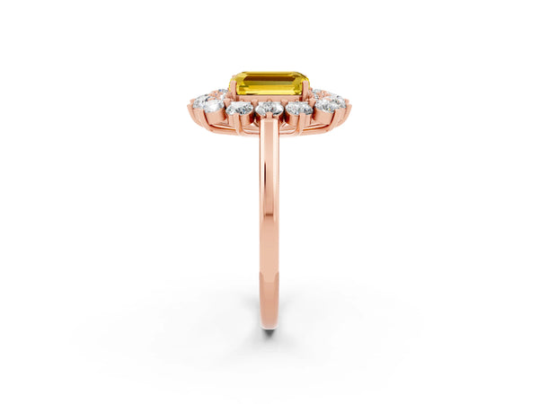 Rose gold Emerald Cut Yellow Sapphire Floral Double Halo Engagement Ring with Prong Setting