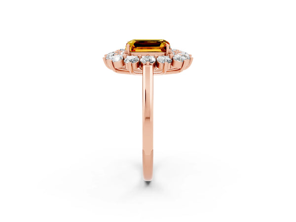Rose gold Emerald Cut Citrine Floral Double Halo Engagement Ring with Prong Setting