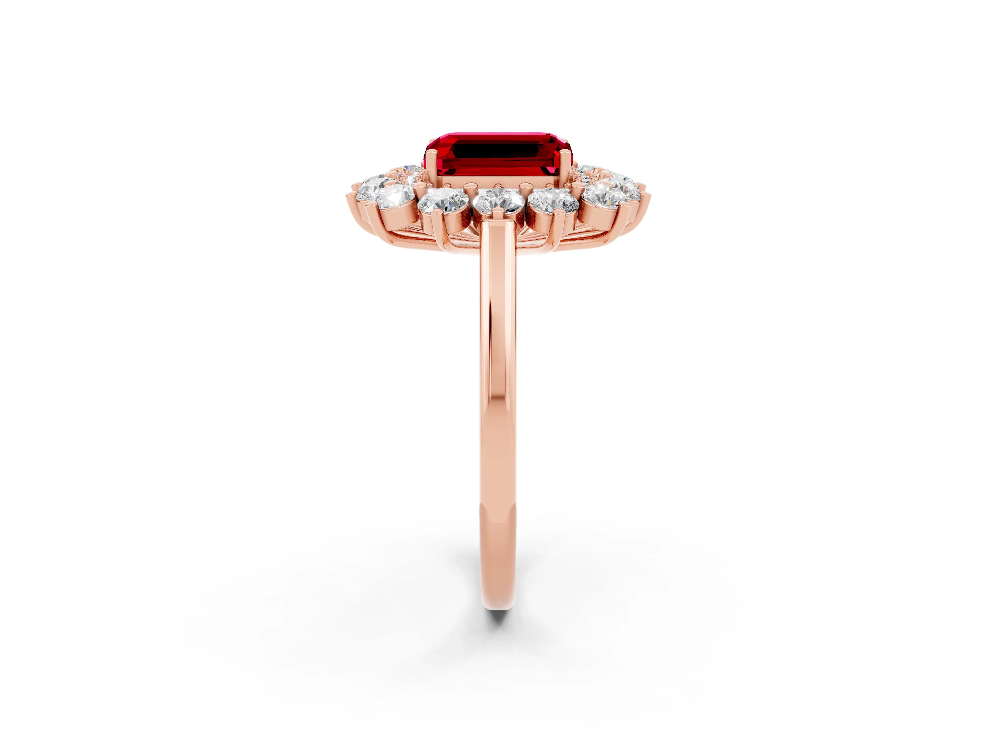 Rose gold Emerald Cut Halo Cluster Diamond Ring with Pave Band and Four-Prong Setting_14