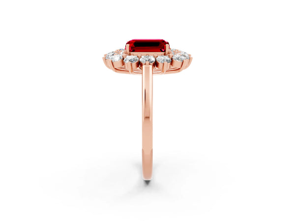 Rose gold Emerald Cut Ruby Floral Double Halo Engagement Ring with Prong Setting
