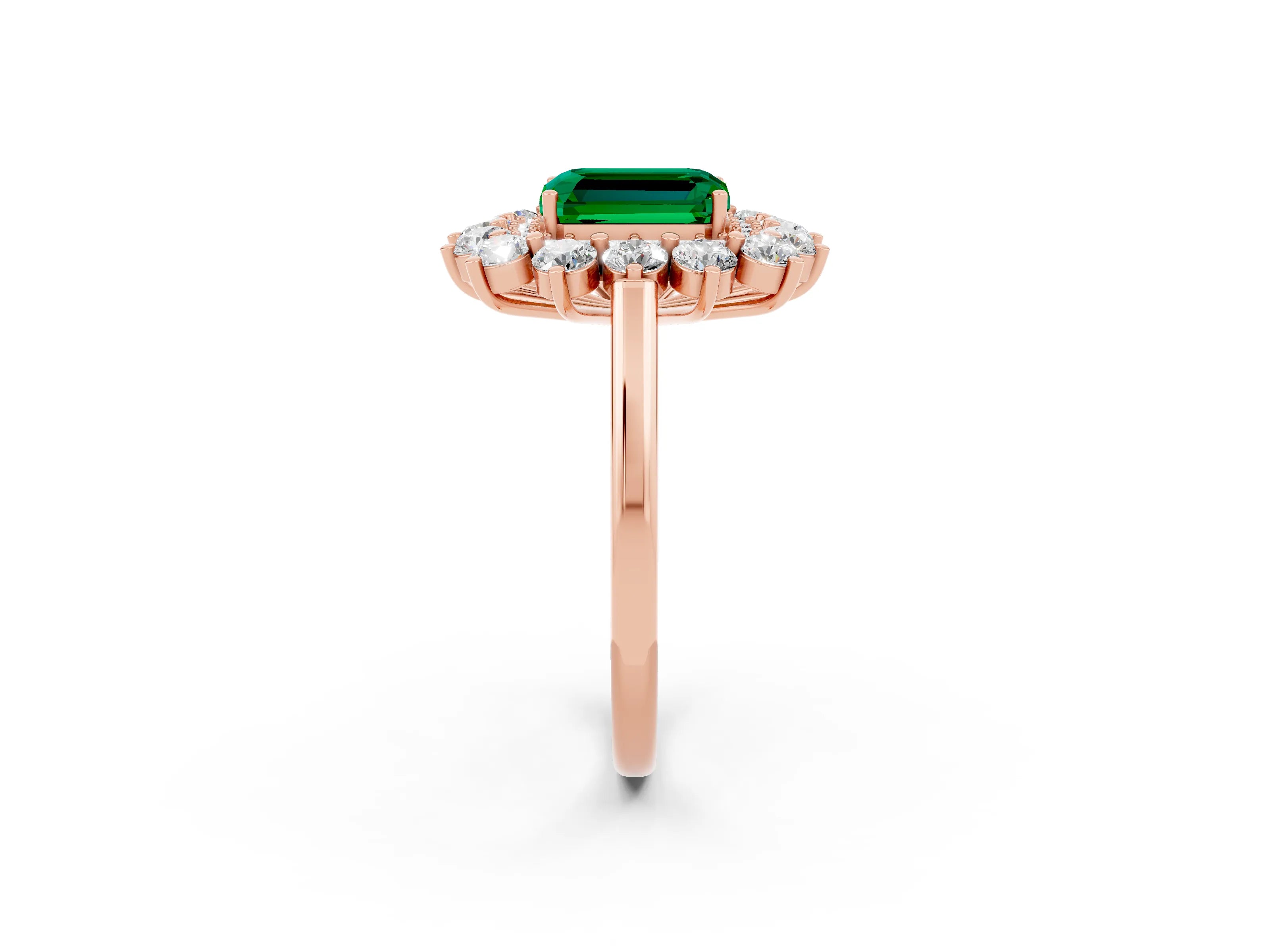 Rose gold Emerald Cut Halo Cluster Diamond Ring with Pave Band and Four-Prong Setting_14