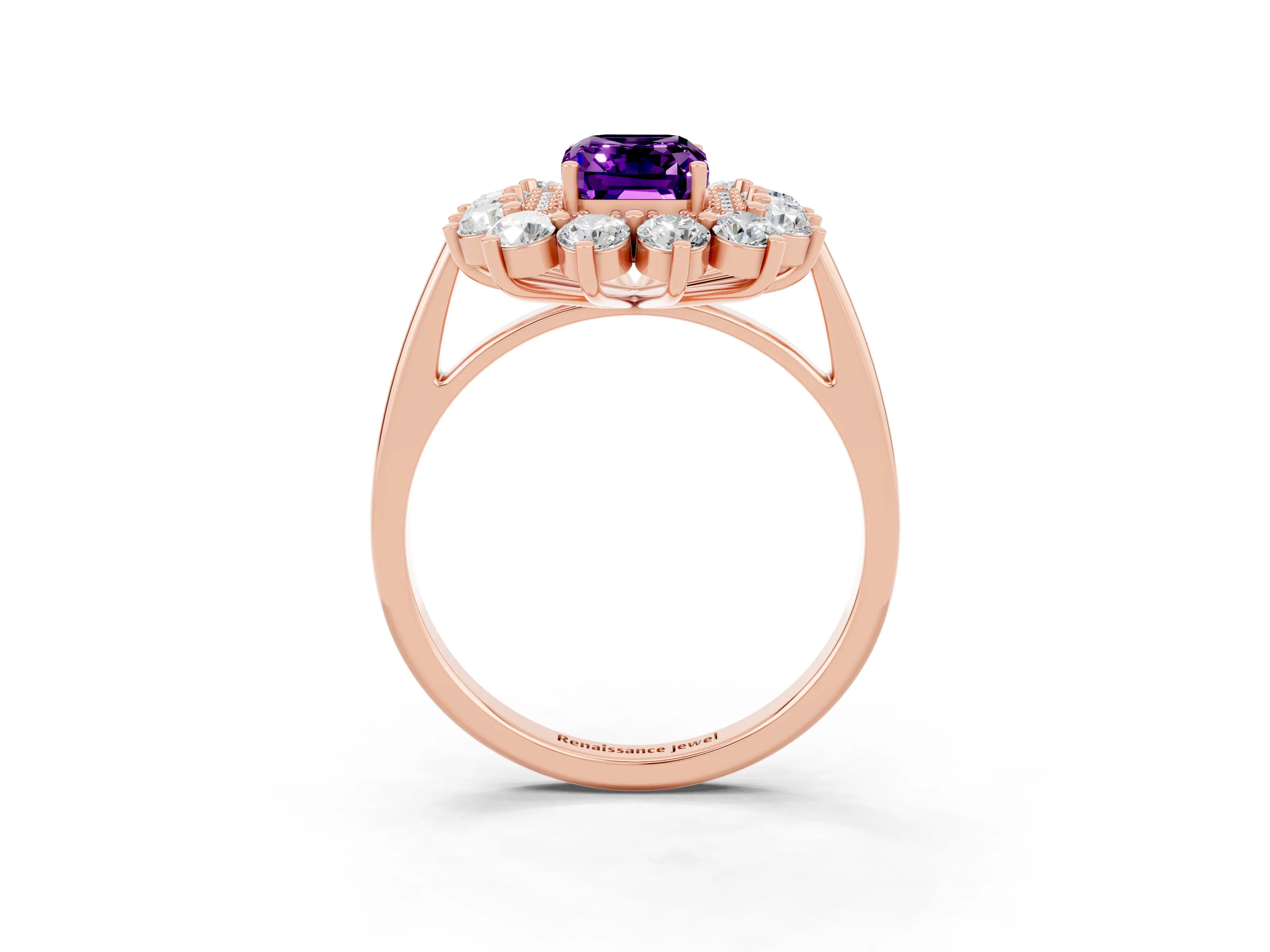 Rose gold Emerald Cut Halo Cluster Diamond Ring with Pave Band and Four-Prong Setting_15