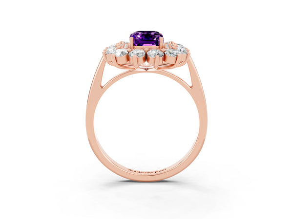 Rose gold Emerald Cut Amethyst Floral Double Halo Engagement Ring with Prong Setting