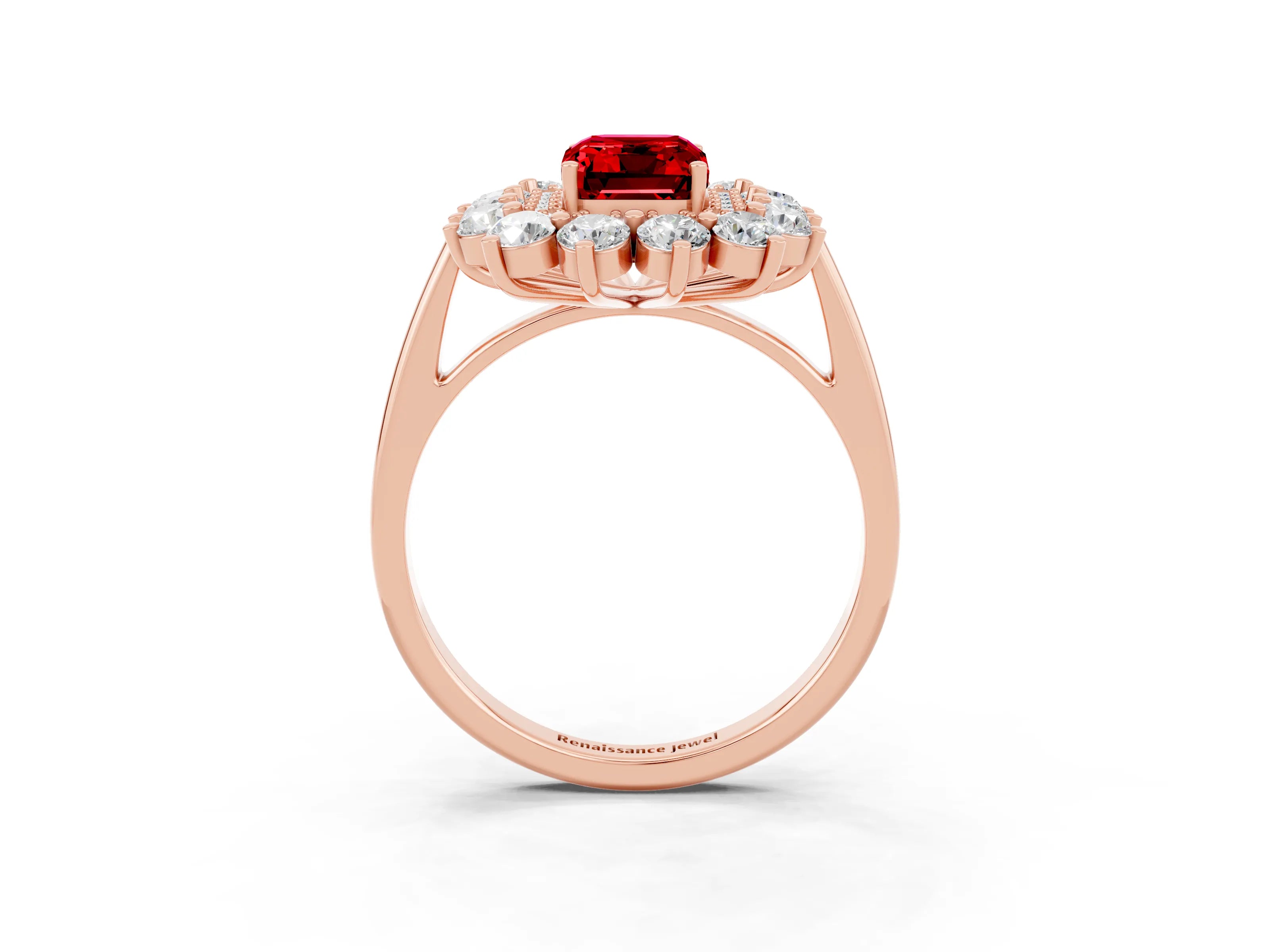 Rose gold Emerald Cut Halo Cluster Diamond Ring with Pave Band and Four-Prong Setting_15