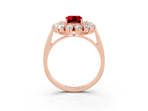 Rose gold Emerald Cut Ruby Floral Double Halo Engagement Ring with Prong Setting