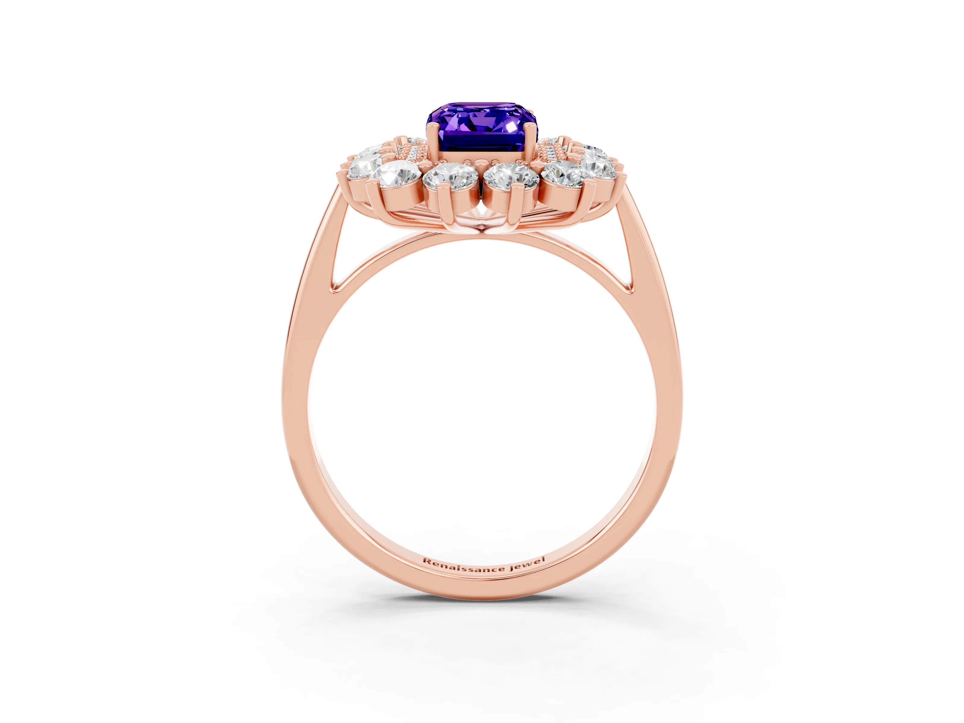 Rose gold Emerald Cut Halo Cluster Diamond Ring with Pave Band and Four-Prong Setting_15