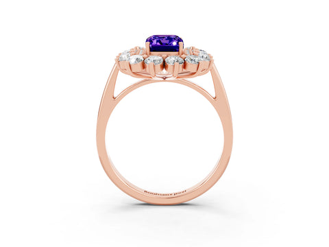 Rose gold Emerald Cut Halo Cluster Diamond Ring with Pave Band and Four-Prong Setting_15