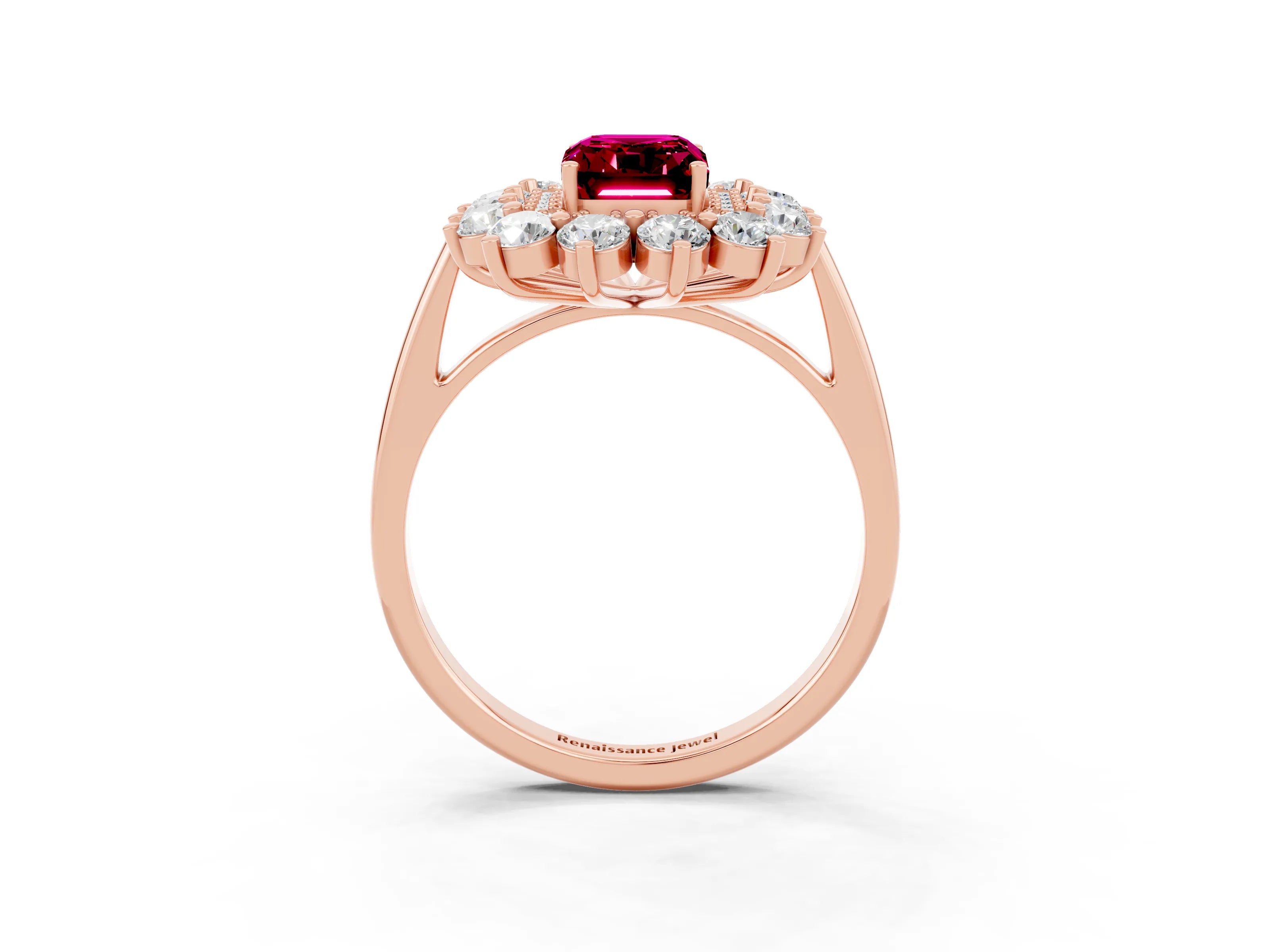 Rose gold Emerald Cut Halo Cluster Diamond Ring with Pave Band and Four-Prong Setting_15