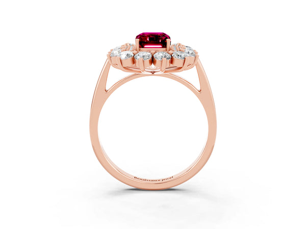 Rose gold Emerald Cut Garnet Floral Double Halo Engagement Ring with Prong Setting