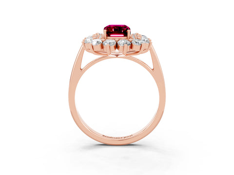 Rose gold Emerald Cut Halo Cluster Diamond Ring with Pave Band and Four-Prong Setting_15