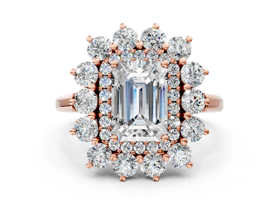 Rose gold Emerald Cut Halo Cluster Diamond Ring with Pave Band and Four-Prong Setting_15