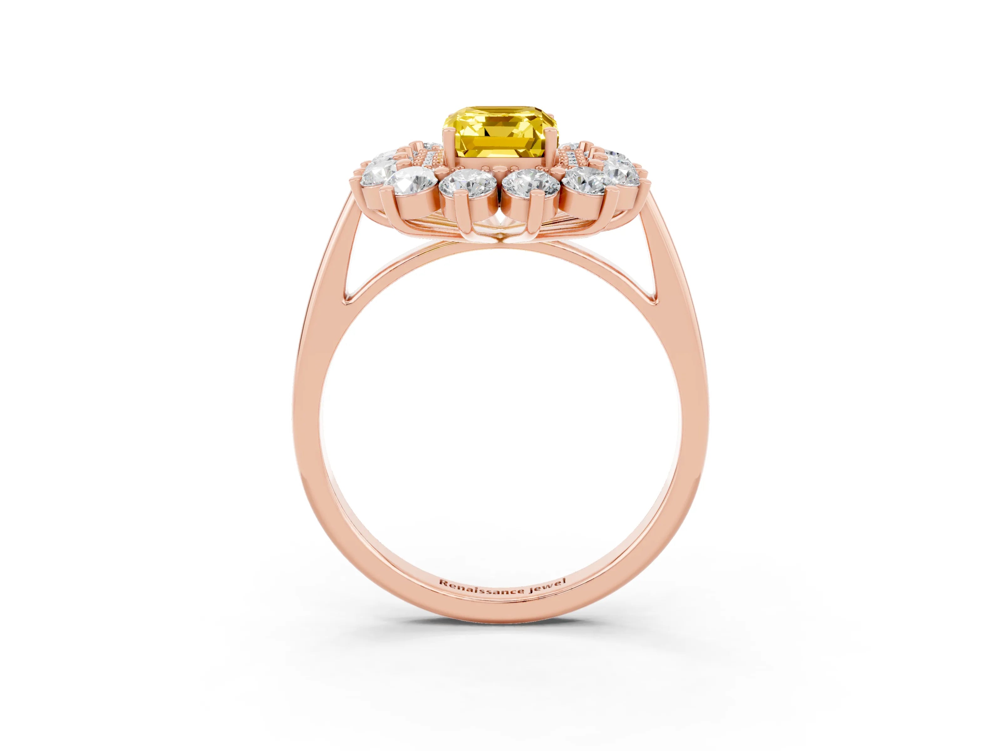 Rose gold Emerald Cut Halo Cluster Diamond Ring with Pave Band and Four-Prong Setting_15