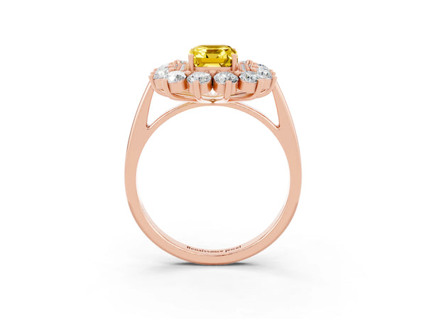 Rose gold Emerald Cut Yellow Sapphire Floral Double Halo Engagement Ring with Prong Setting