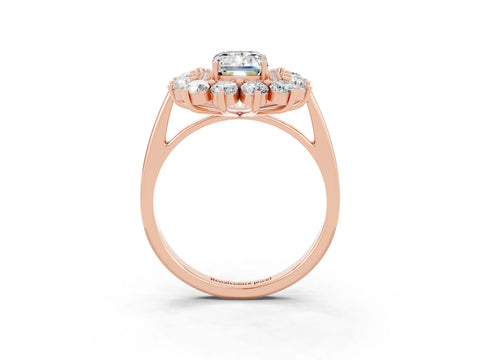 Rose gold Emerald Cut Halo Cluster Diamond Ring with Pave Band and Four-Prong Setting_15