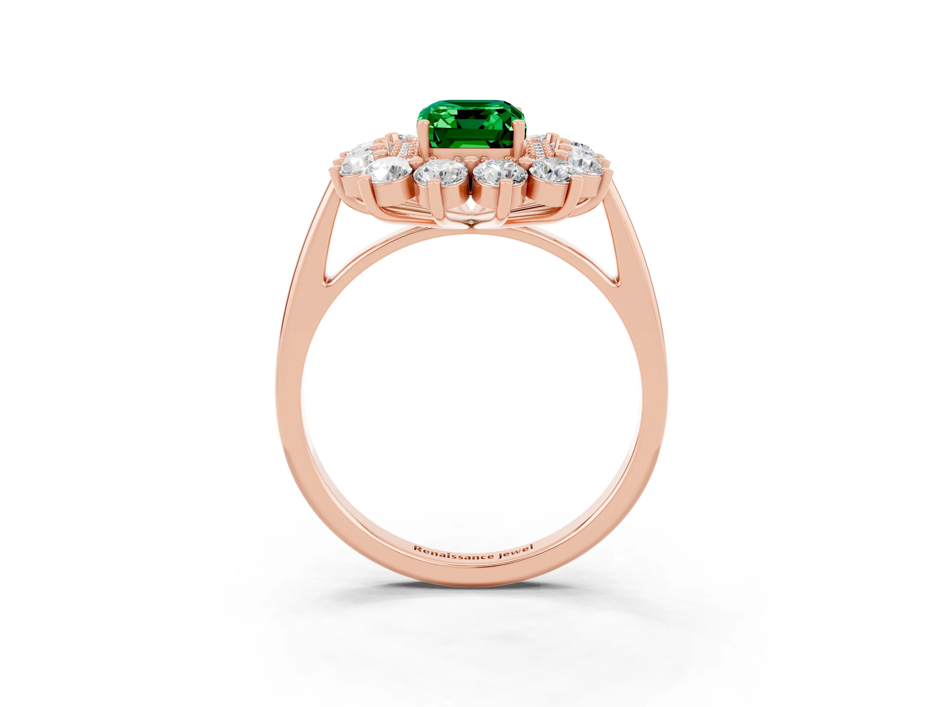 Rose gold Emerald Cut Halo Cluster Diamond Ring with Pave Band and Four-Prong Setting_15