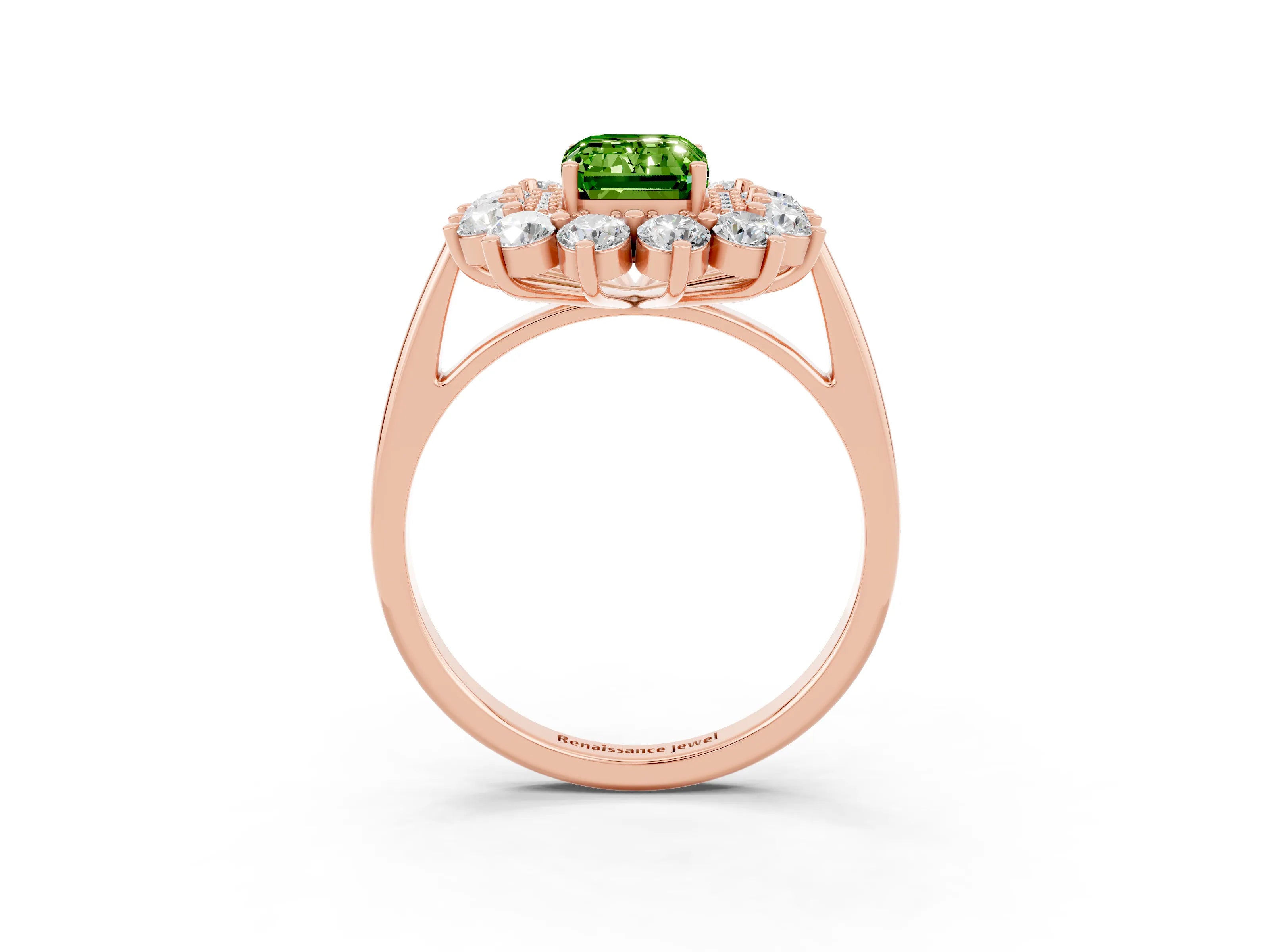 Rose gold Emerald Cut Halo Cluster Diamond Ring with Pave Band and Four-Prong Setting_15