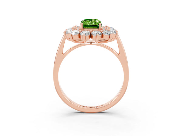 Rose gold Emerald Cut Peridot Floral Double Halo Engagement Ring with Prong Setting