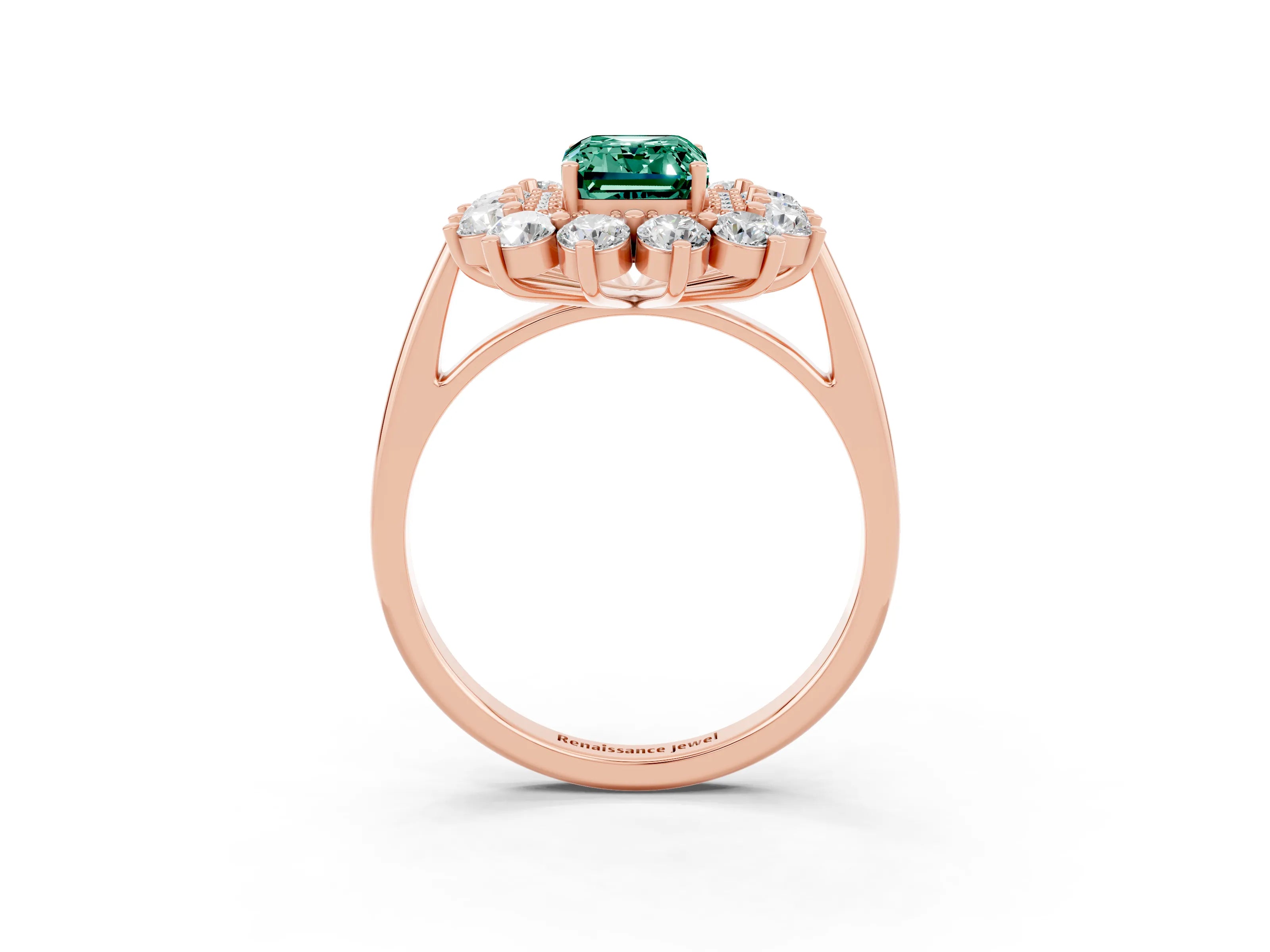 Rose gold Emerald Cut Halo Cluster Diamond Ring with Pave Band and Four-Prong Setting_15