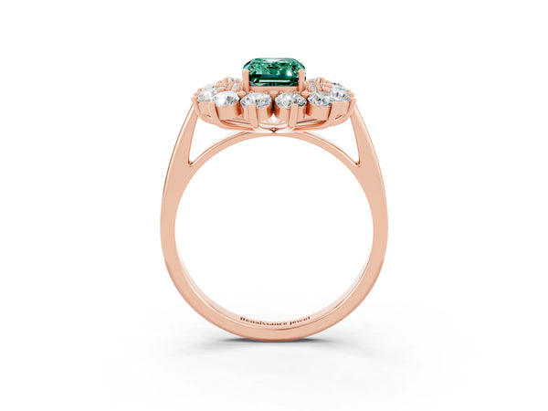 Rose gold Emerald Cut Green Sapphire Floral Double Halo Engagement Ring with Prong Setting