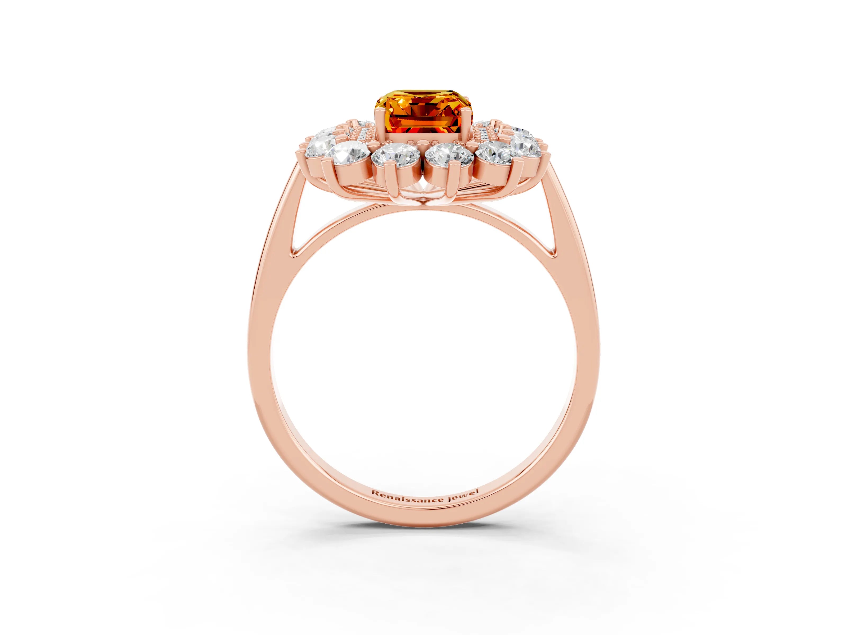 Rose gold Emerald Cut Halo Cluster Diamond Ring with Pave Band and Four-Prong Setting_15