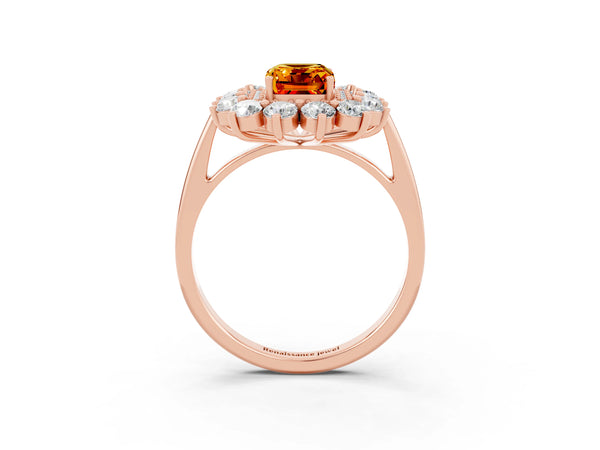 Rose gold Emerald Cut Citrine Floral Double Halo Engagement Ring with Prong Setting